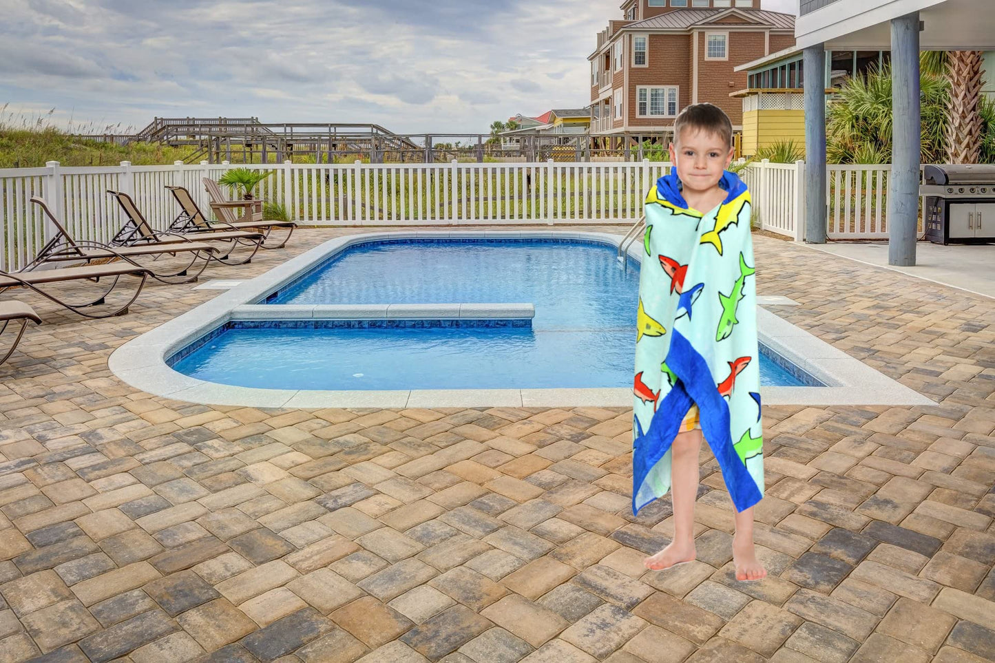 Dashn Products Hooded Bath Beach Towel For Kids - Shark - Large 50'X30' Inch Cotton Soft Absorbent With Hood For Toddler, Boys