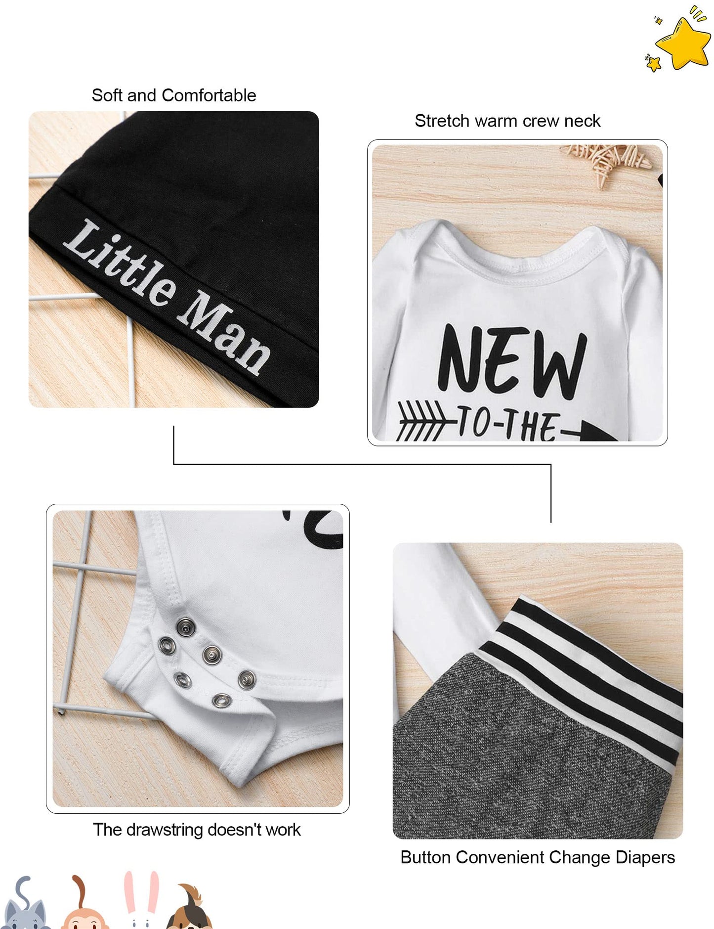 Baby Boy Clothes 0-3 Months Baby Clothes Boy New To The Crew Print Romper Pants Hat 3Pcs Baby Boy Outfits White