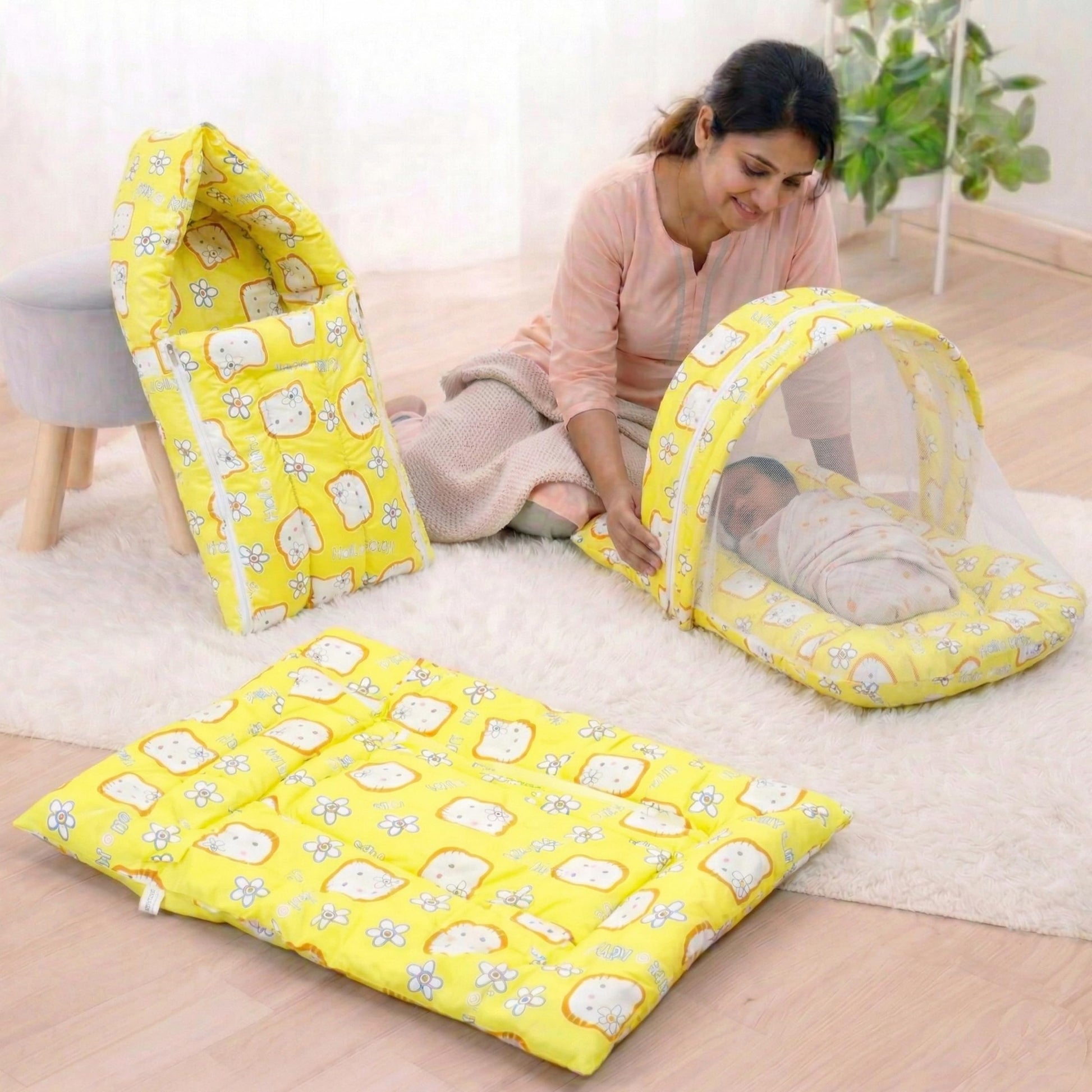 Fareto Combo Of Baby Mattress With Net | Carry Bag | 4 Pcs Bedding Set(06 Months) (Yellow)