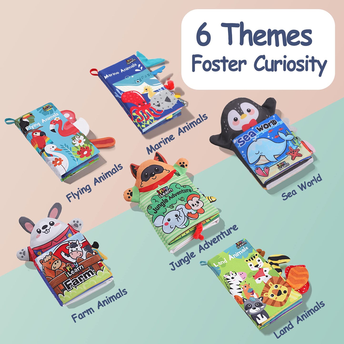 iPlay, iLearn Soft Baby Books 1 Year Old, Babies Animal Cloth Book 6-12 Month, Infant Touch Feel Crinkle Book, Toddler Carseat C