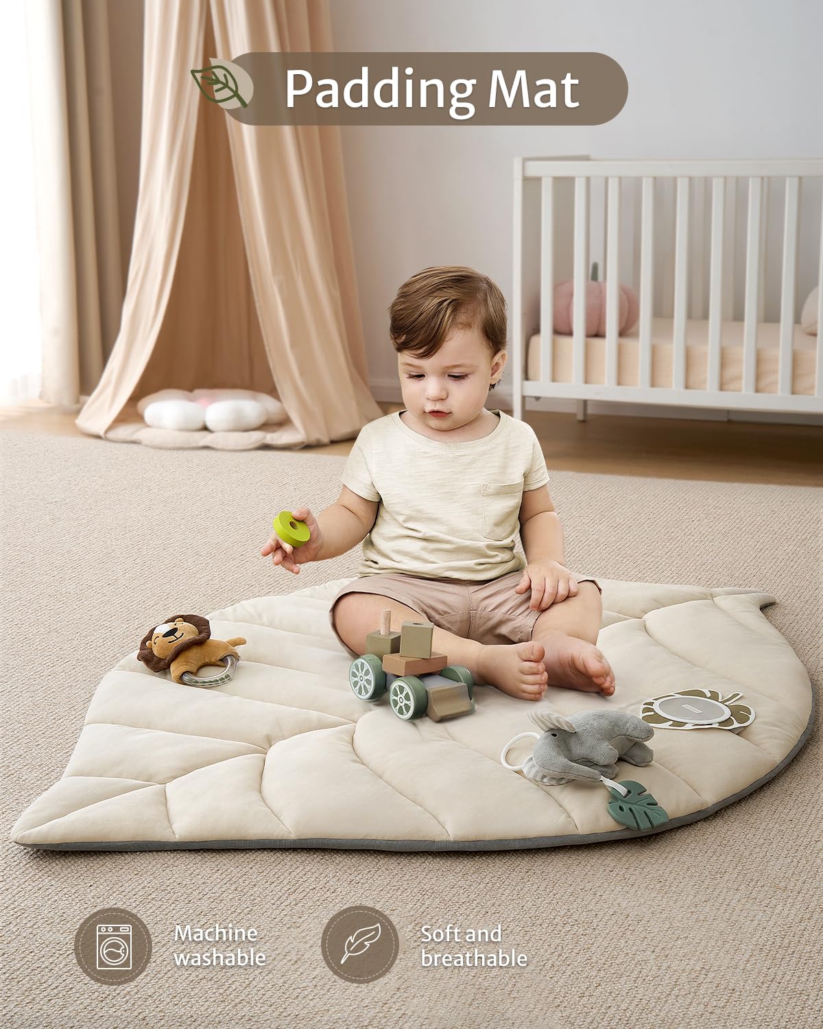 Blissful Diary Baby Play Gym & Activity Mat, Leaf Shaped Baby Play Mat With 6 Detachable Toys, Tummy Time Mat Promote Motor Skil