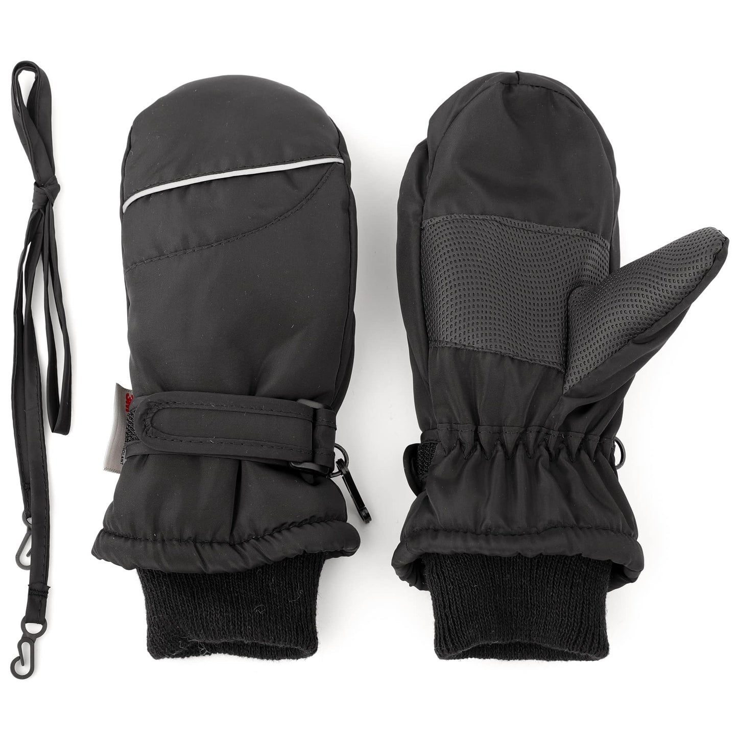 F Flammi Toddler Kids Snow Mittens With String Waterproof Ski Mittens Thinsulate Winter Gloves For Baby Girls Boys(Plain Black,4