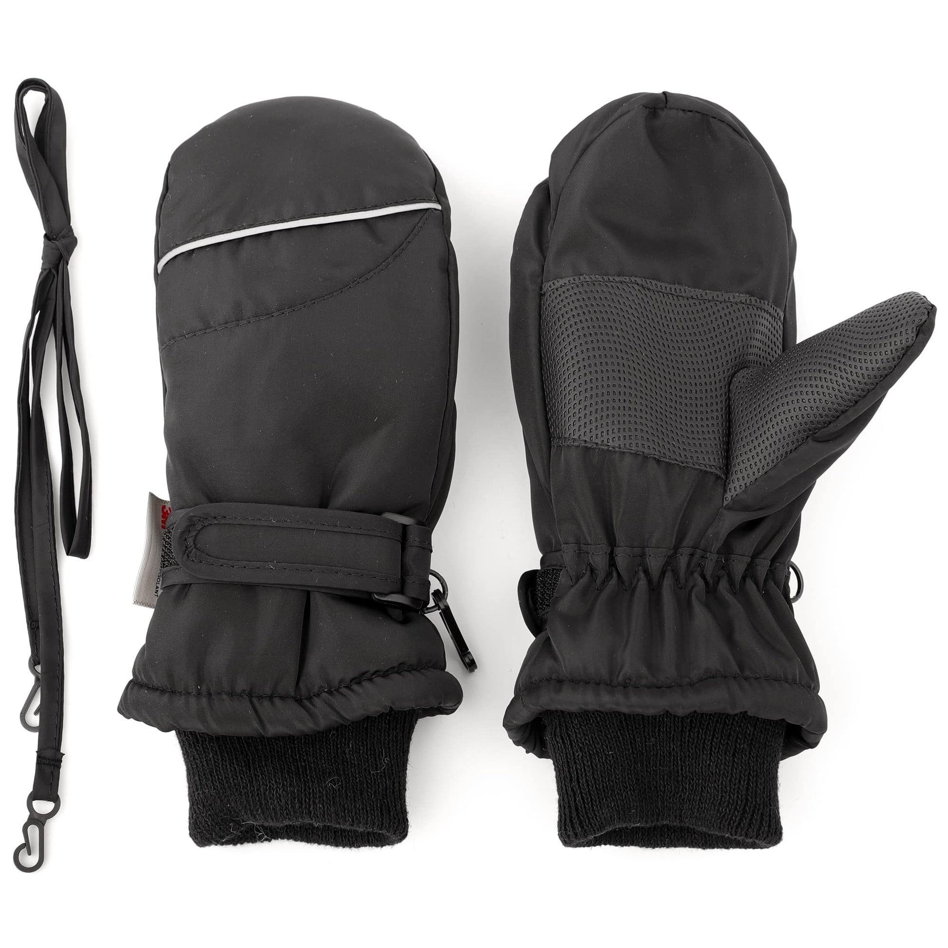 F Flammi Toddler Kids Snow Mittens With String Waterproof Ski Mittens Thinsulate Winter Gloves For Baby Girls Boys(Plain Black,4