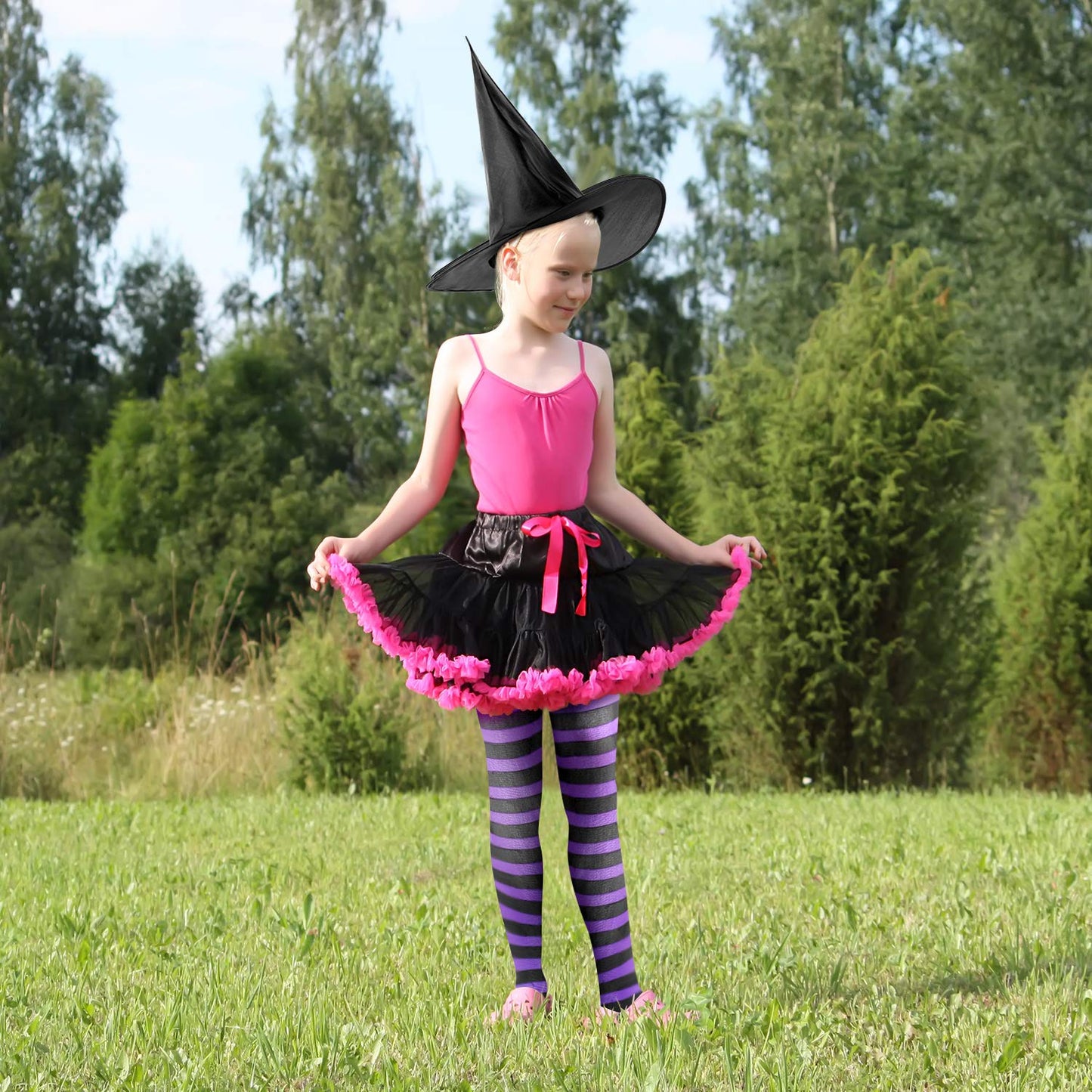 Halloween Witch Costume Accessories Set Witch Broom Plastic Broomstick Black Witch Hat Striped Tights For Halloween Party (Purpl