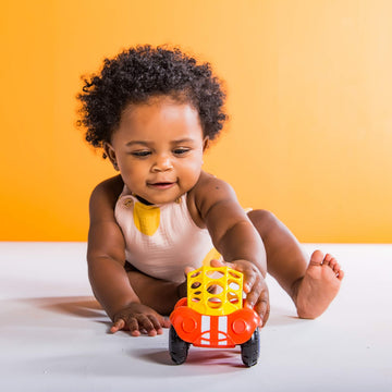 Oball Easy Grasp Rattle & Roll Buggie BPA-Free Push Car Infant Crawling Toy, 1 Pack, Age 3 Months and up, Red/Yellow