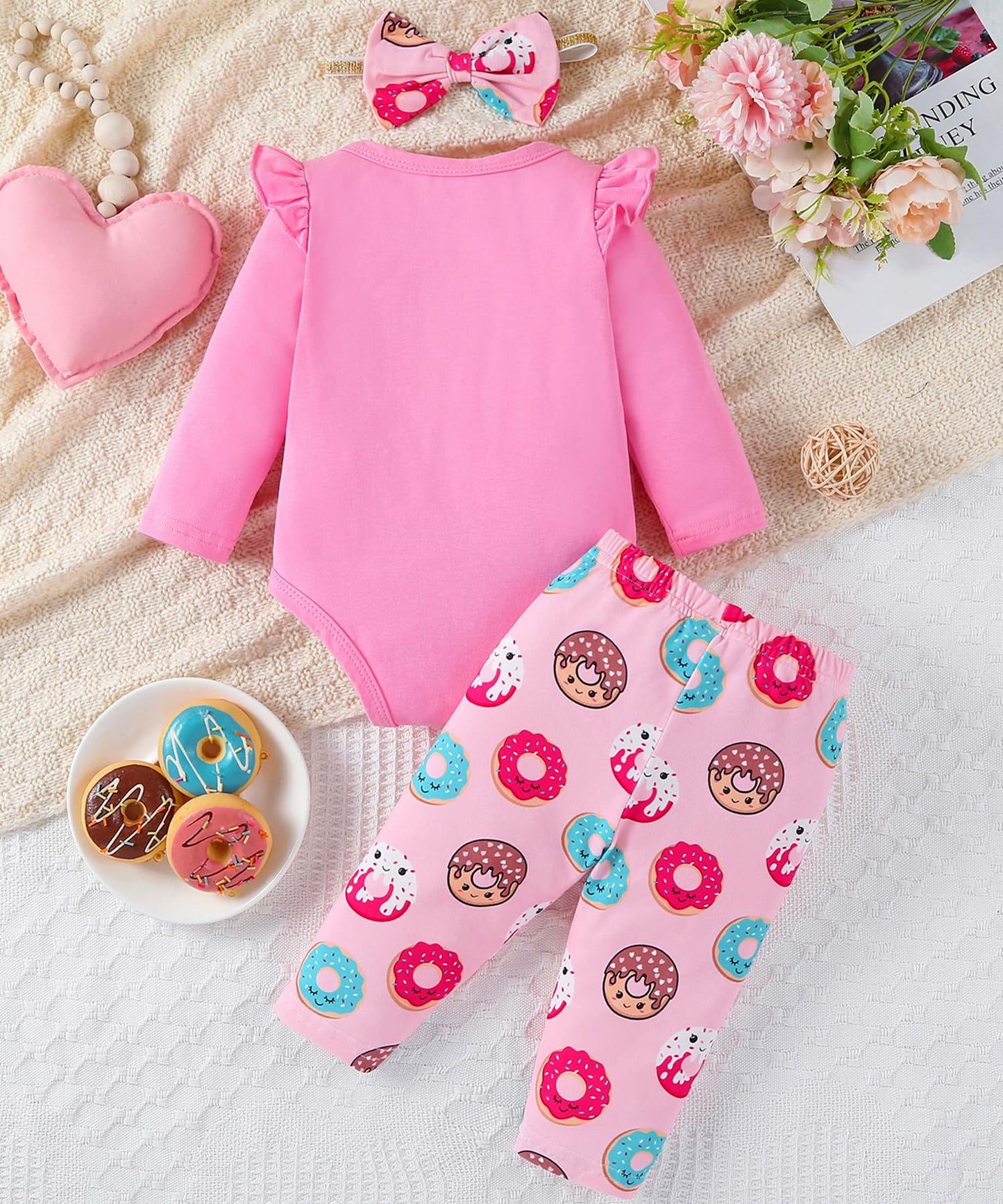Fullfamous Baby Girl Clothes Gifts Outfits,Fall Winter Long Sleeve Romper And Pant Set Rose Red Donut 3-6 Months