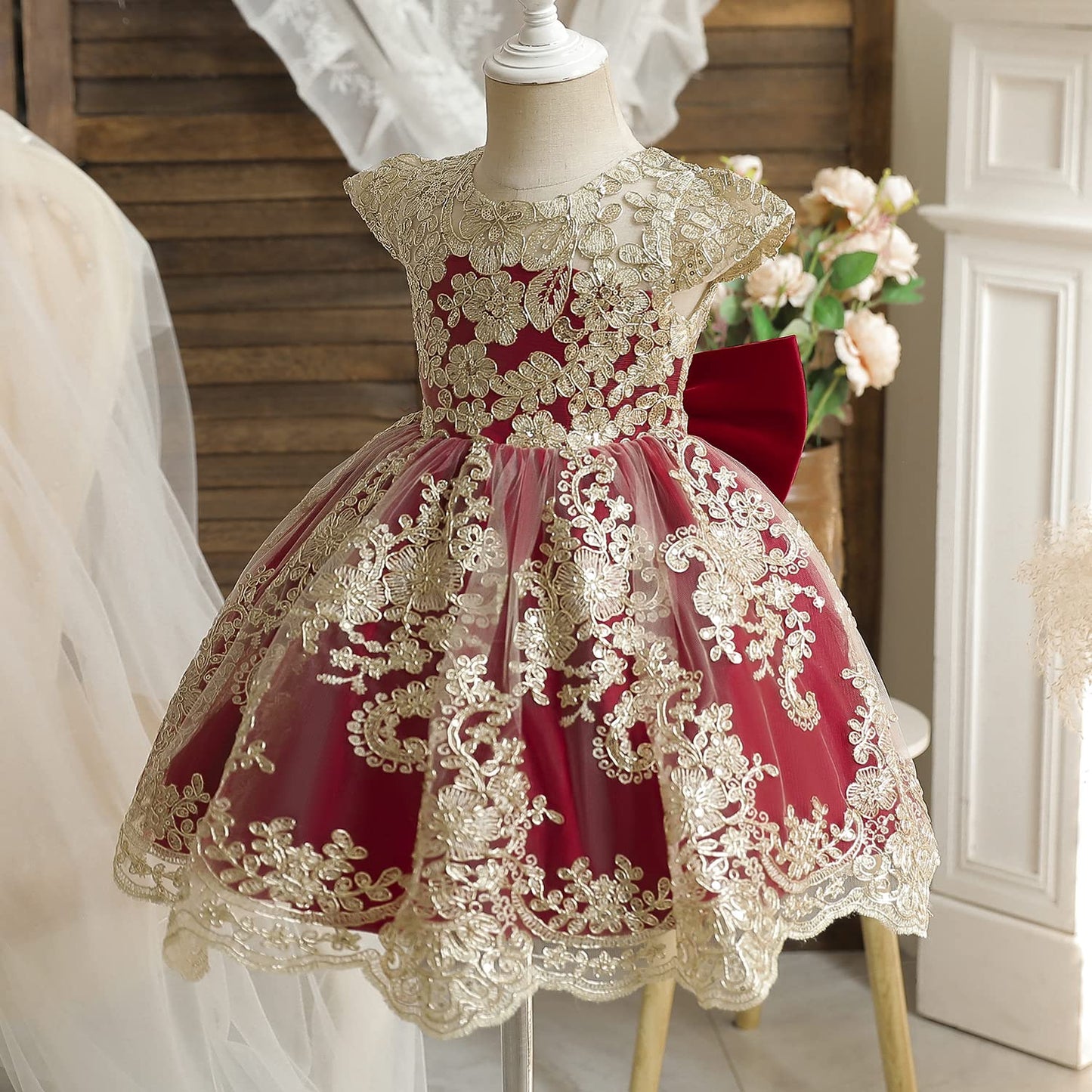 Nnjxd Baby Girl Dress Flower Embroidery Princesstutu Pageant Party Gown 2006 Deep Red Size(110) 3-4 Years