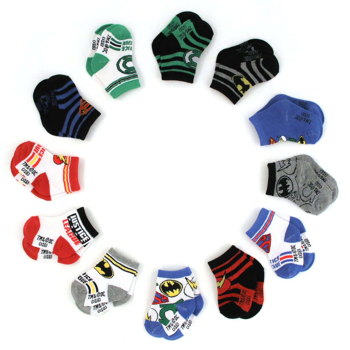 Dc Comics Baby Boys/Girls 12 Pack Socks: Batman, Wonder Woman, Superman, Justice League, Super Girl, Size Age 12-24M, Green/Blue