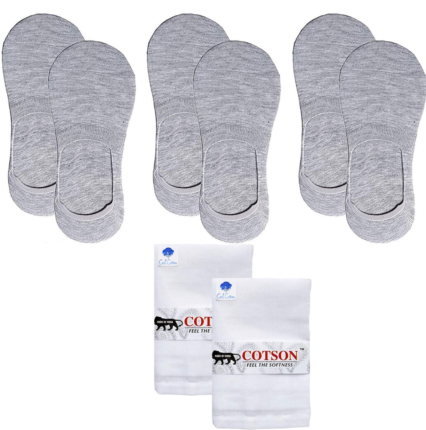 Queery 3 Pairs Unisex Anti Slip No Show Cotton Loafer Socks With Set Of 2 MenS White Handkerchiefs