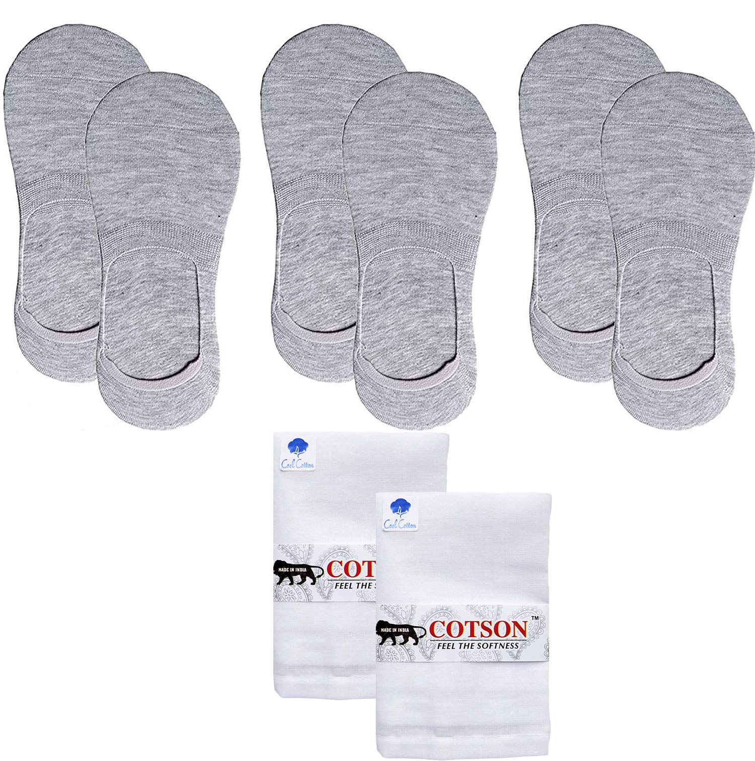 Queery 3 Pairs Unisex Anti Slip No Show Cotton Loafer Socks With Set Of 2 MenS White Handkerchiefs