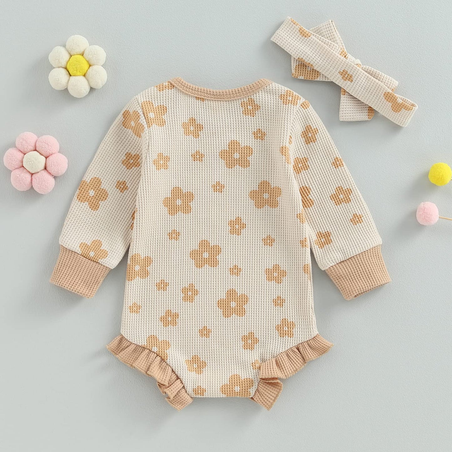 Mersariphy Infant Baby Girl Romper Baby Sweatshirt Romper Long Sleeve Waffle Floral Bodysuit With Headband Fall Winter Outfits (
