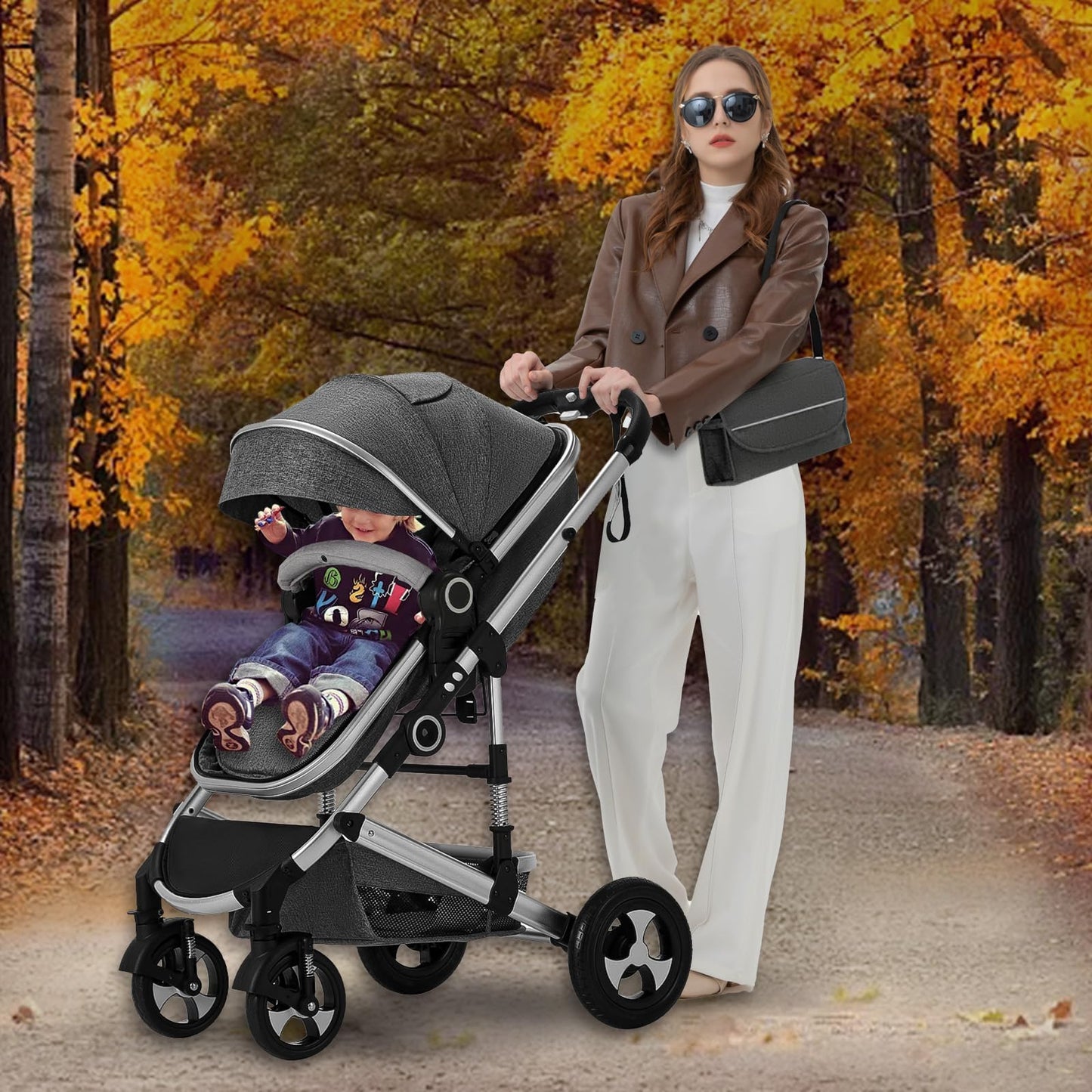 Kinder King 2 in 1 Convertible Baby Stroller, Folding High Landscape Infant Carriage, Newborn Reversible Pram, Diaper Bag, Anti-