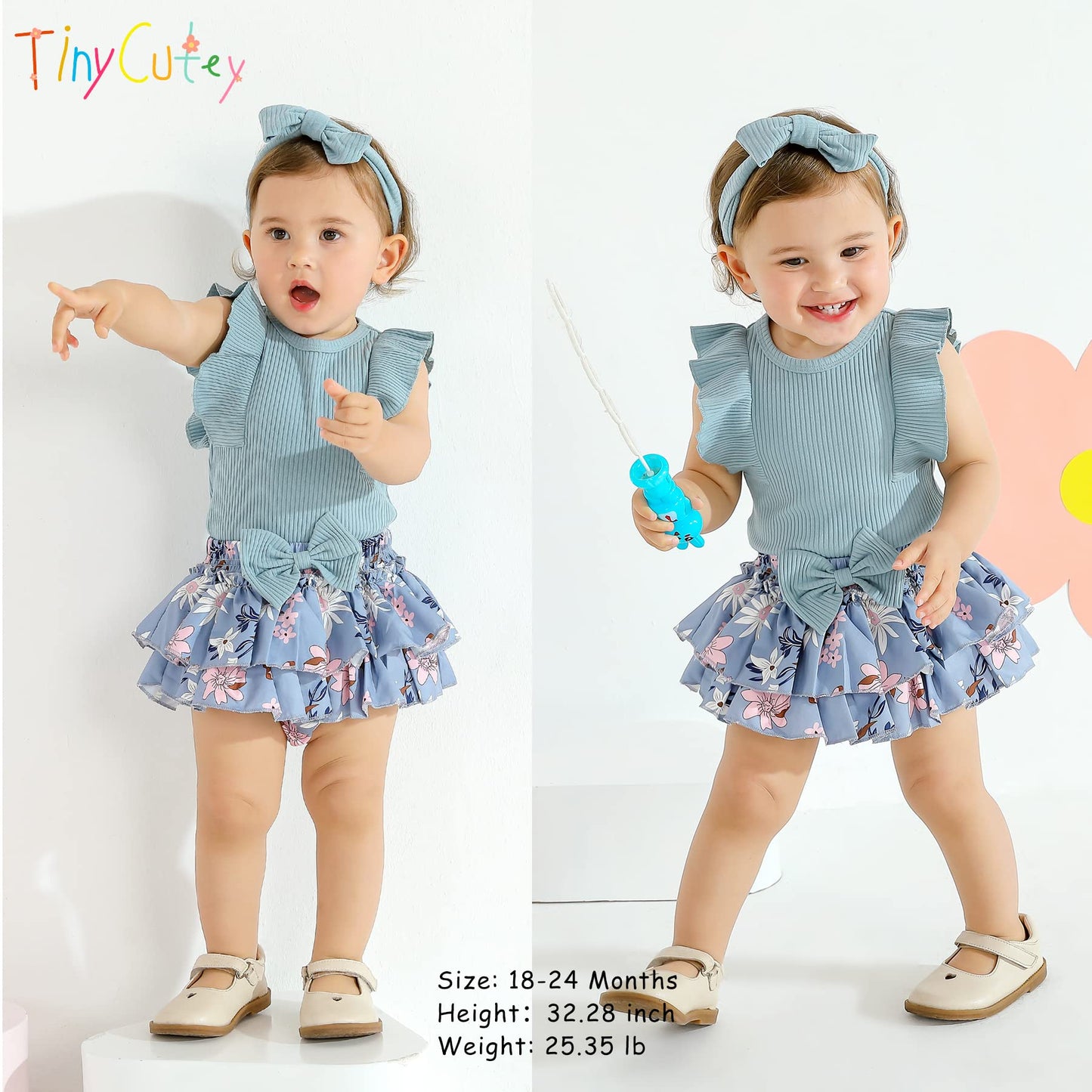 Tiny Cutey Baby Girl Clothes Infant Summer Outfits Set Ruffle Sleeve Romper And Floral Shorts With Headband (Blue Romper And Ruf
