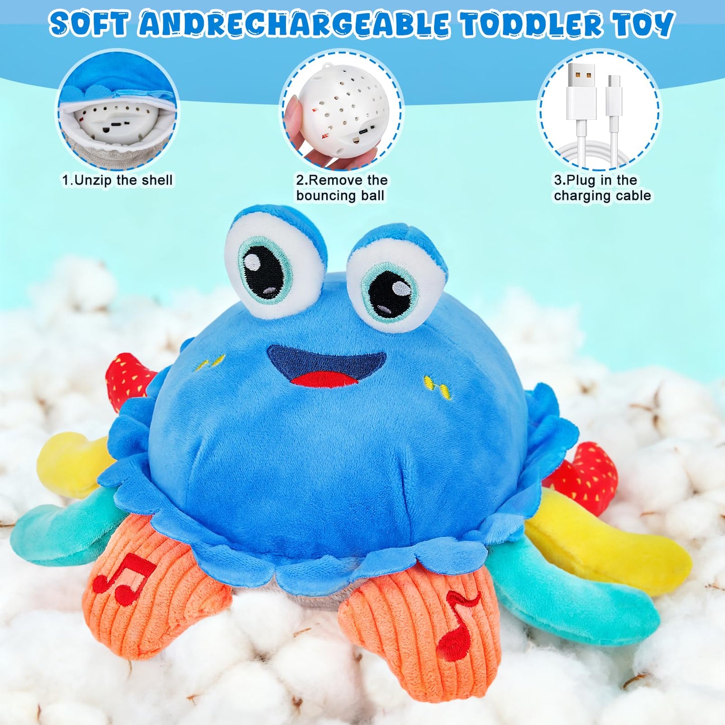 YUANNA Baby Toys 1 Year Old 6-12 Month Tummy Time Toys Crawling Musical Crab Plush Toy Dancing Walking Moving Bouncing Sensory T
