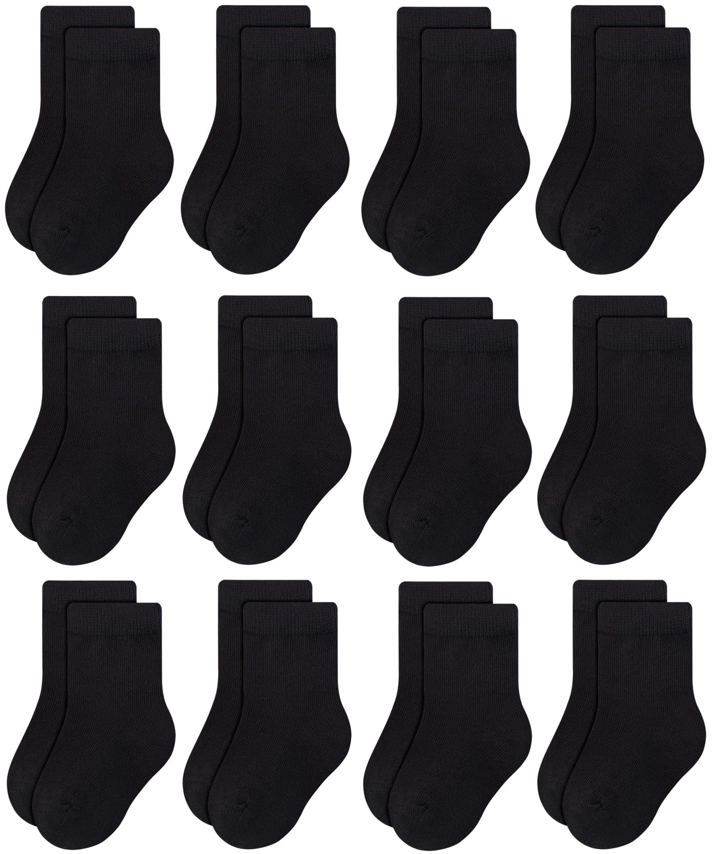 Rative 12-Pack Cotton Crew Socks For Unisex Baby Infant Toddler Kids Boys Girls(1-3T,12-Pairs/Black)