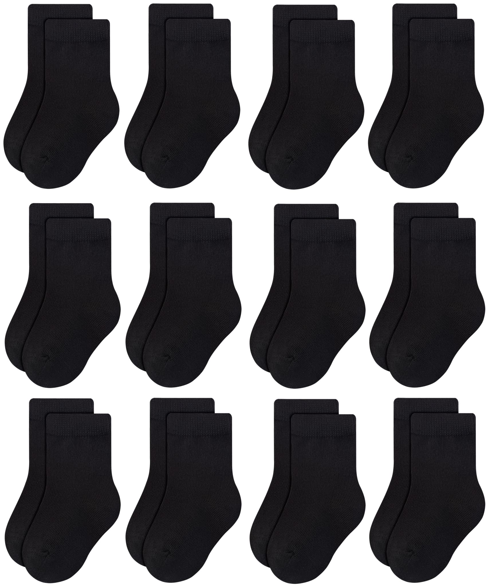 Rative 12-Pack Cotton Crew Socks For Unisex Baby Infant Toddler Kids Boys Girls(1-3T,12-Pairs/Black)