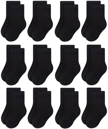 Rative 12-Pack Cotton Crew Socks For Unisex Baby Infant Toddler Kids Boys Girls(1-3T,12-Pairs/Black)