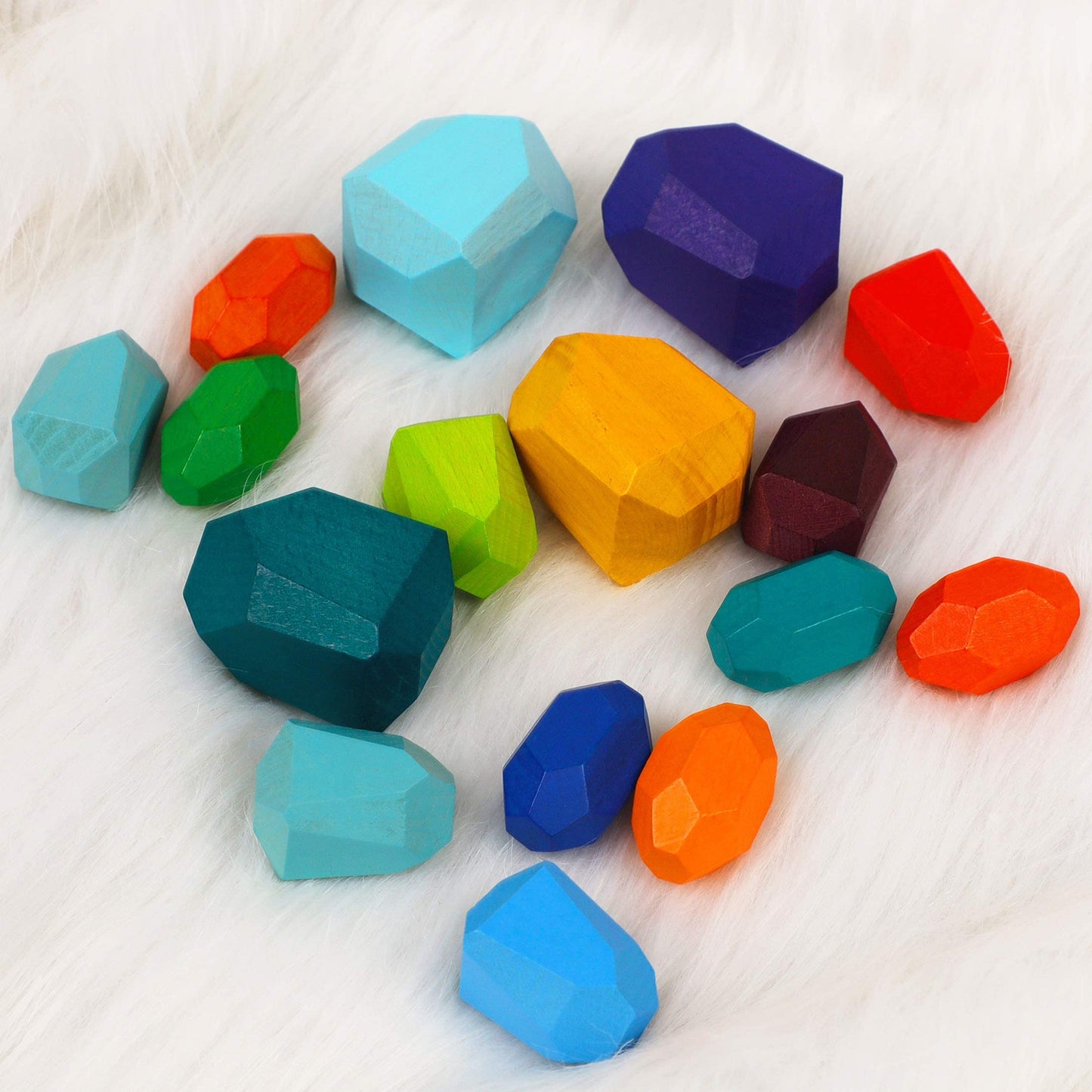 Cllayees 16 Pcs Wooden Stacking Blocks Rocks Building Toys, Colored Solid Wood Stones Pre-School Educational Games Creative Toys