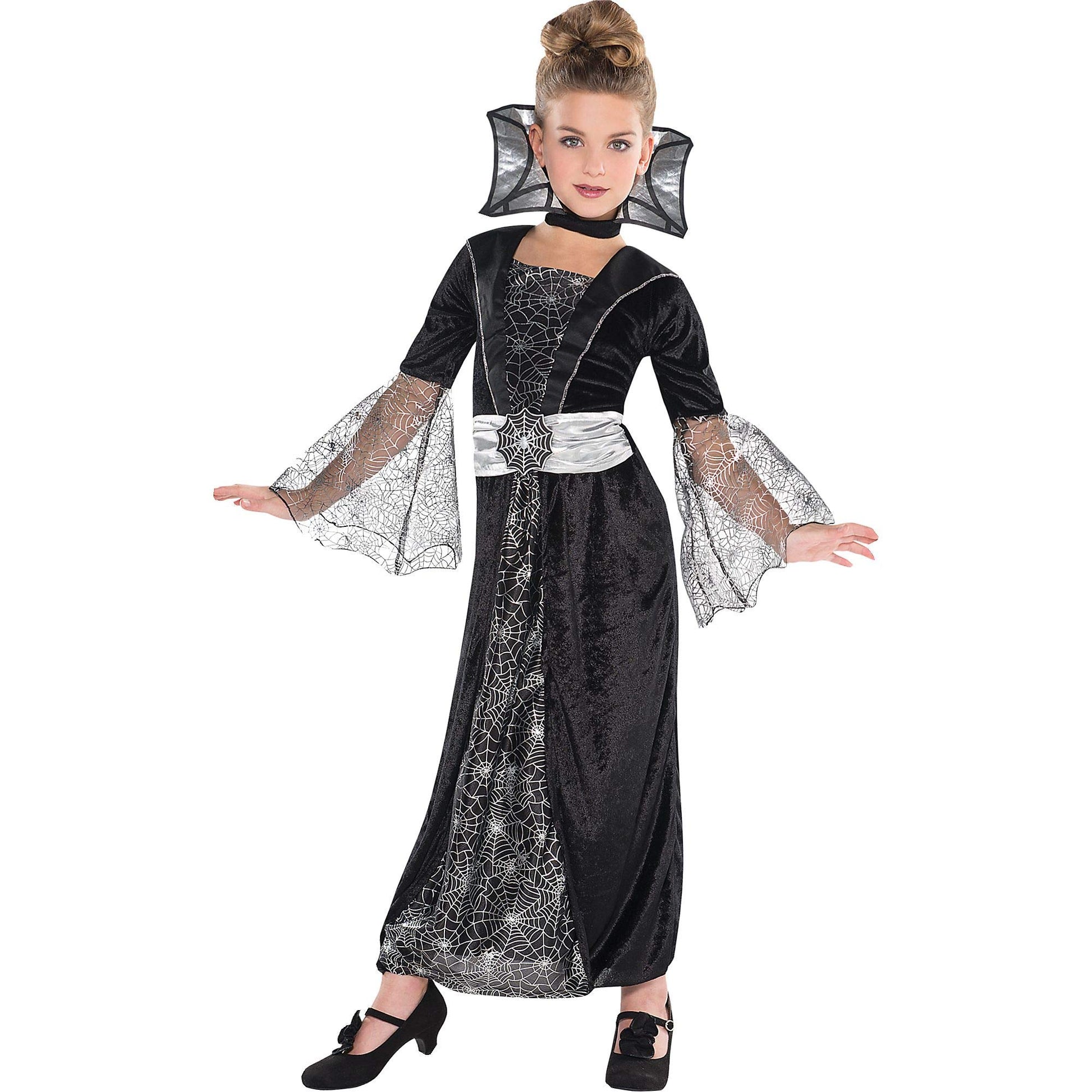 Dark Countess Black Velour Dress With Spider Web & Stand-Up Collar - Kid Extra Large (14-16), 1 Set - Ideal For Halloween Partie