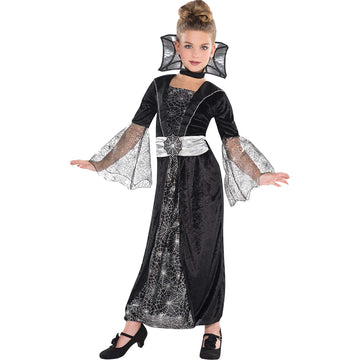 Dark Countess Black Velour Dress With Spider Web & Stand-Up Collar - Kid Extra Large (14-16), 1 Set - Ideal For Halloween Partie