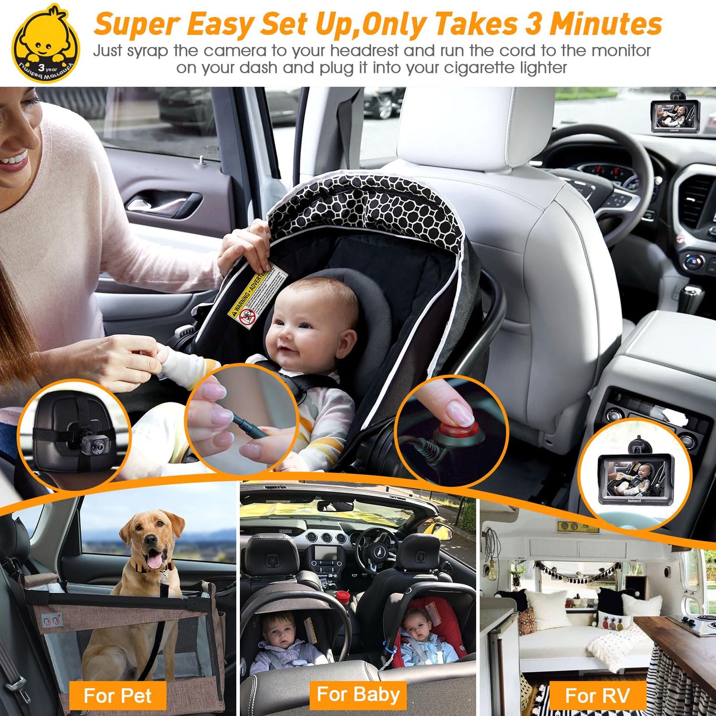 Baby Car Camera 2-Pack For Seat: Adjustable Infant Car Camera Easy Setup For Family With 2 Cars - Hd 1080P Crystal Night Vision