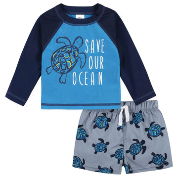 Gerber Baby Boy'S Toddler Long Sleeved Rashguard Swim Bathing Suit Set, Green Turtles, 5T