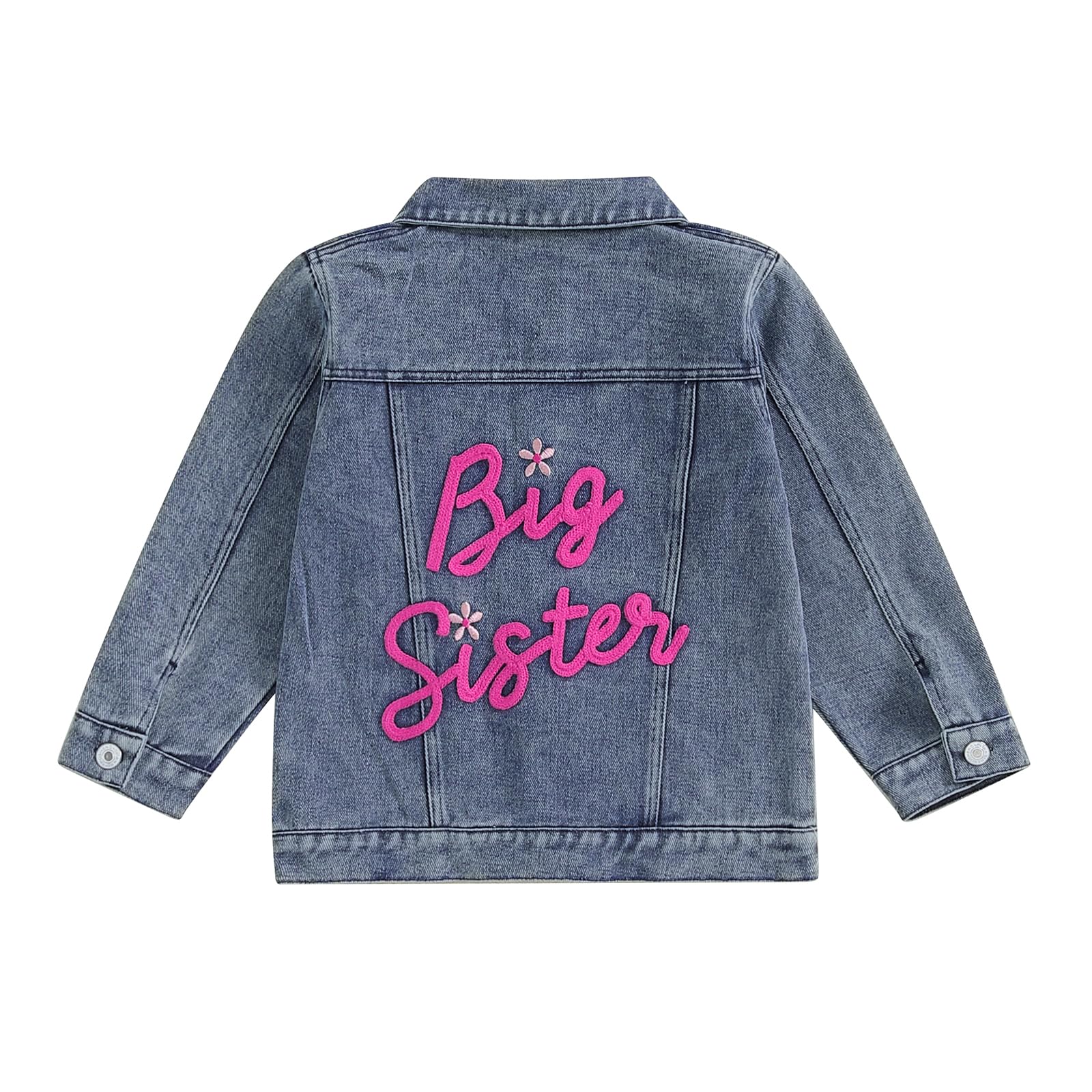 VISGOGO Toddler Baby Girl Jacket Big Lil Sister Letter Embroidery Jean Long Sleeve Cardigan Button Denim Coat (Pink-Big Sis, 4-5