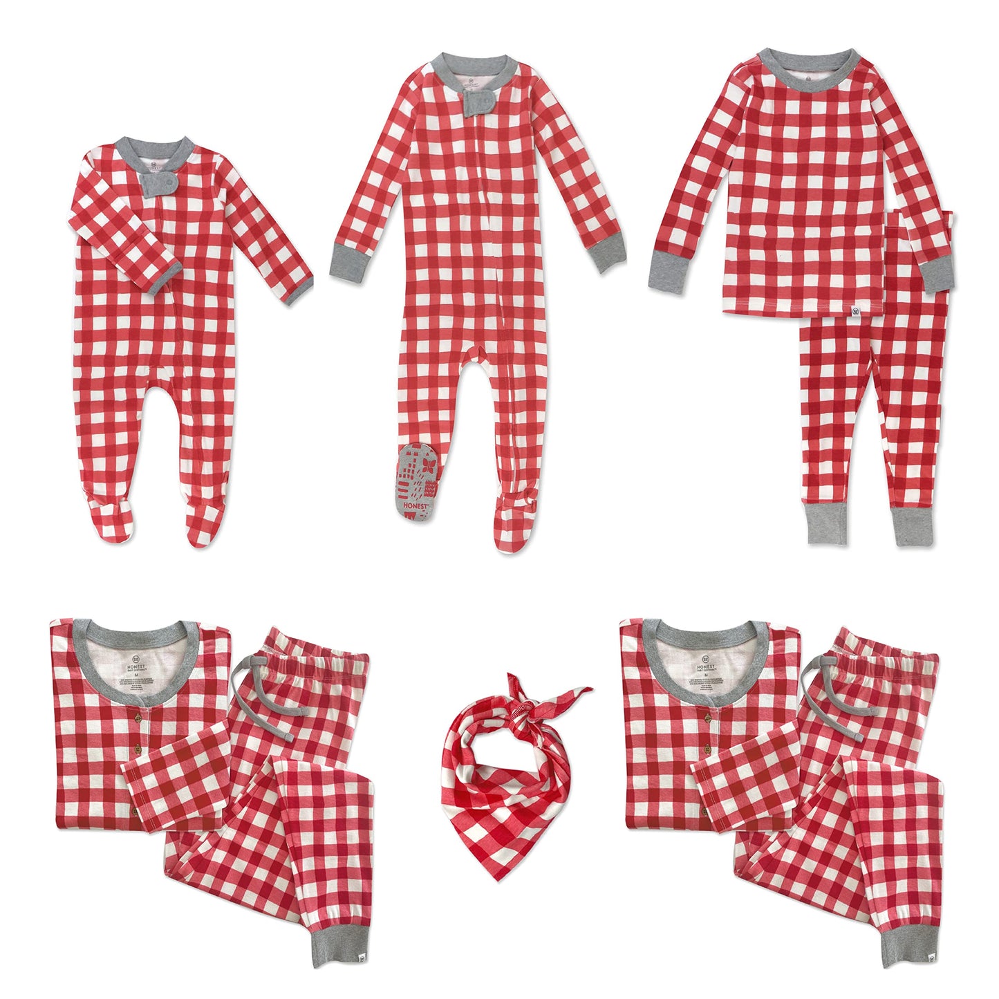 Honestbaby Baby Accessories Organic Cotton Holiday Family Jammies Pajamas, Painted Buffalo Check Red, Bandana Medium/Large