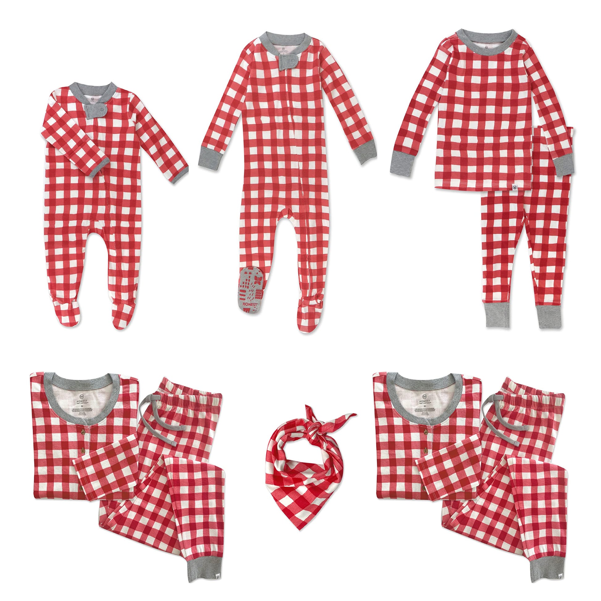 Honestbaby Baby Accessories Organic Cotton Holiday Family Jammies Pajamas, Painted Buffalo Check Red, Bandana Medium/Large