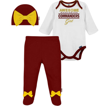 Nfl Baby Girls' 3Pc Bodysuit, Footed Pant, & Cap Set, Washington Commenders, 0-3 Months