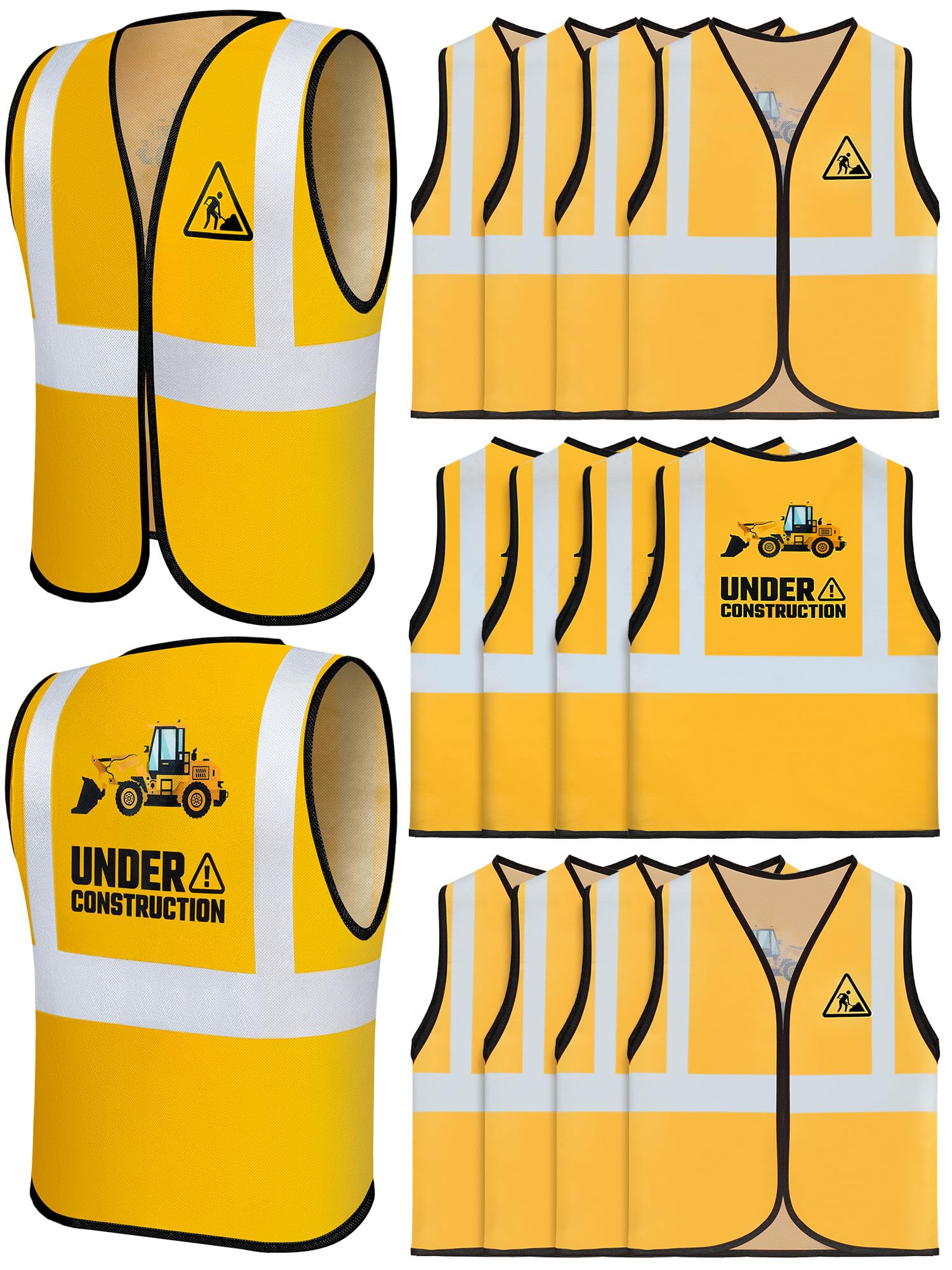 Bokon 12 Pcs Kids Construction Vests, Construction Party Supplies Toddler Worker Costume, Ages for 3-8(Yellow,with Pattern)