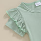 Kupretty Toddlers Baby Girls Summer Clothes Set Ruffle Ribbed Knit Short Sleeves T-Shirt Tops Shorts Comfy Outfits (A Green, 3-4