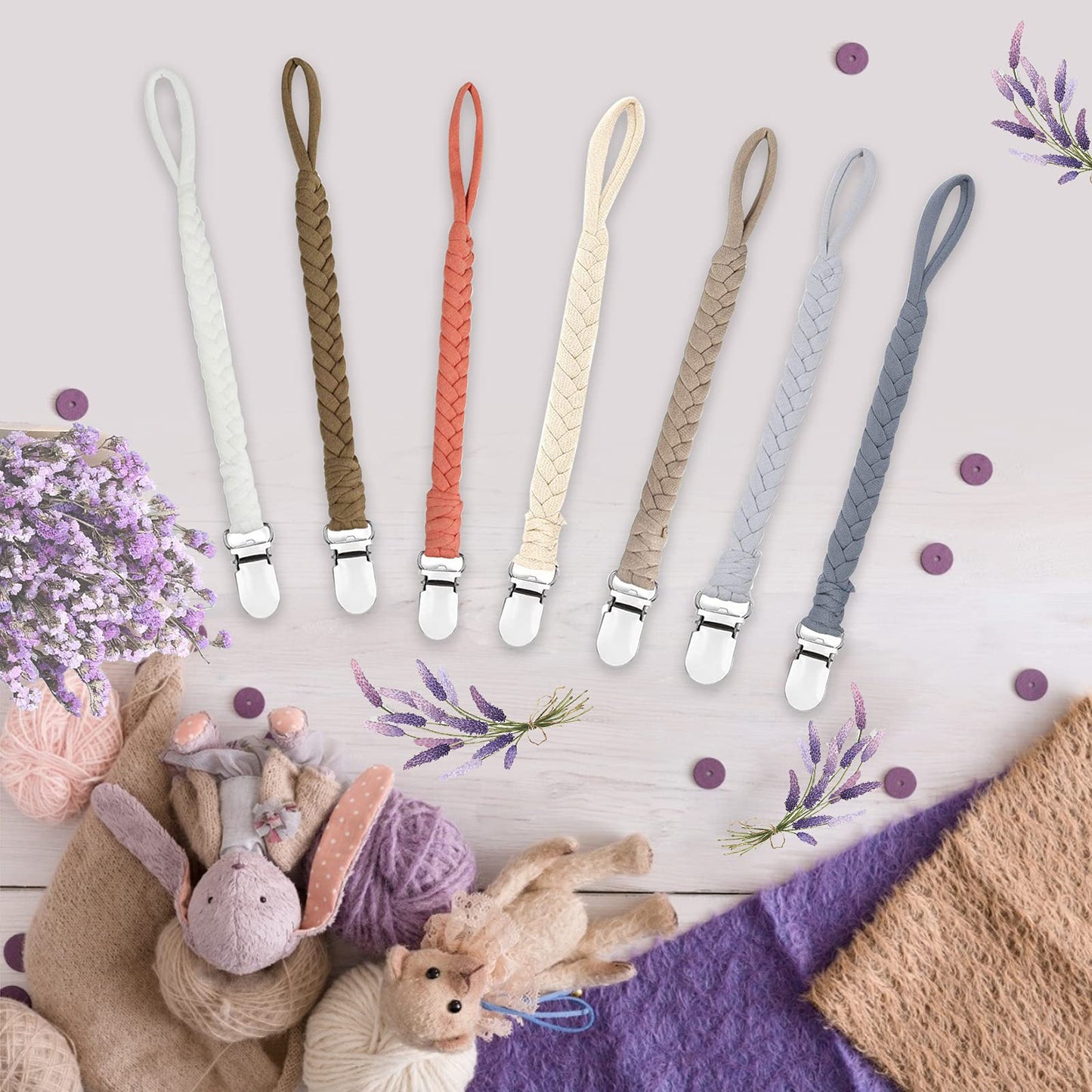 Duludulu 7 Pcs Braided Pacifier Clips For Boys And Girls, Pacifier Holder Baby Binky Clips Handmade Cotton Modern Unisex Pacifie
