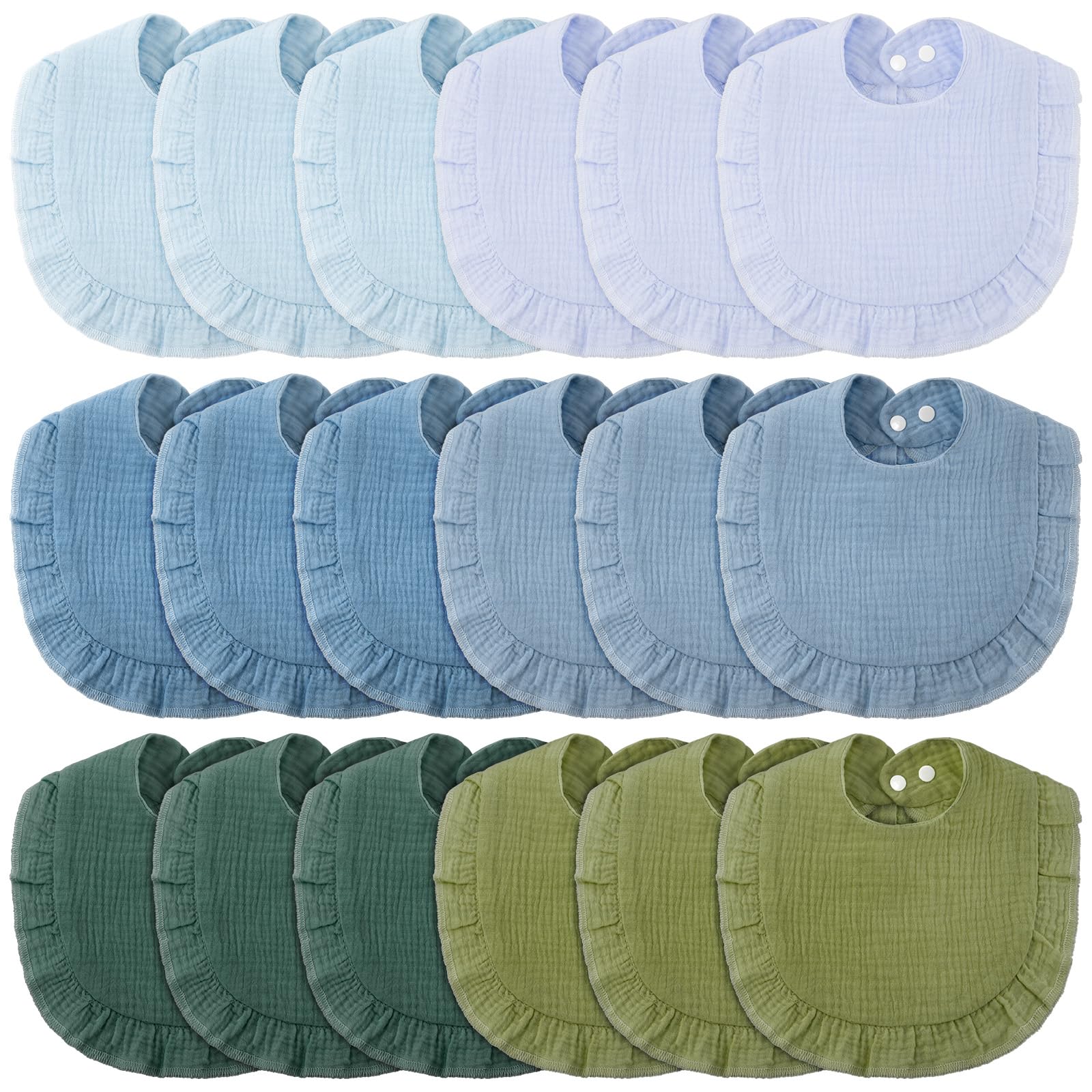 Kenning 18 Pcs Muslin Drool Baby Bibs Ruffle Absorbent Bib with Snap Button Boy Girl for Drooling Teething Infant Newborn(Blue,R