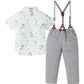 Toddler Dress Shirt With Bowtie Suspender Pants Outfit Printed Shirt Grey Suspender Pant 4T 5T 4-5T