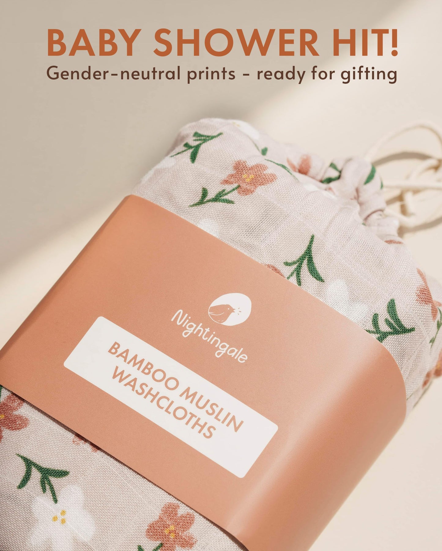 Nightingale Baby Washcloths, Organic Cotton Muslin With Bamboo Viscose - Soft Burp Cloths For Newborn Sensitive Skin - 12X12 Fac