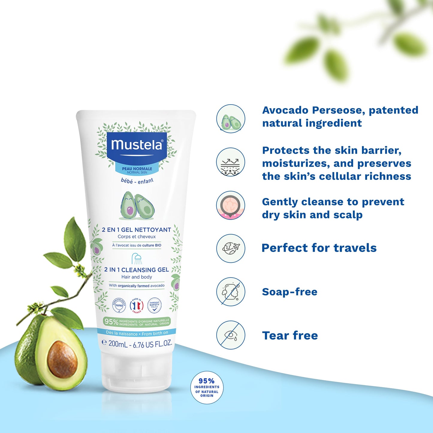 Mustela Baby 2-In-1 Cleansing Gel - Baby Body & Hair Cleanser - With Natural Avocado - Biodegradable Formula & Tear-Free - 6.76