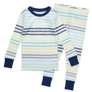 Honestbaby Boys' Organic Cotton 2-Piece Snug Fit Pajama Set, Rainbow Stripe Blues, 3T
