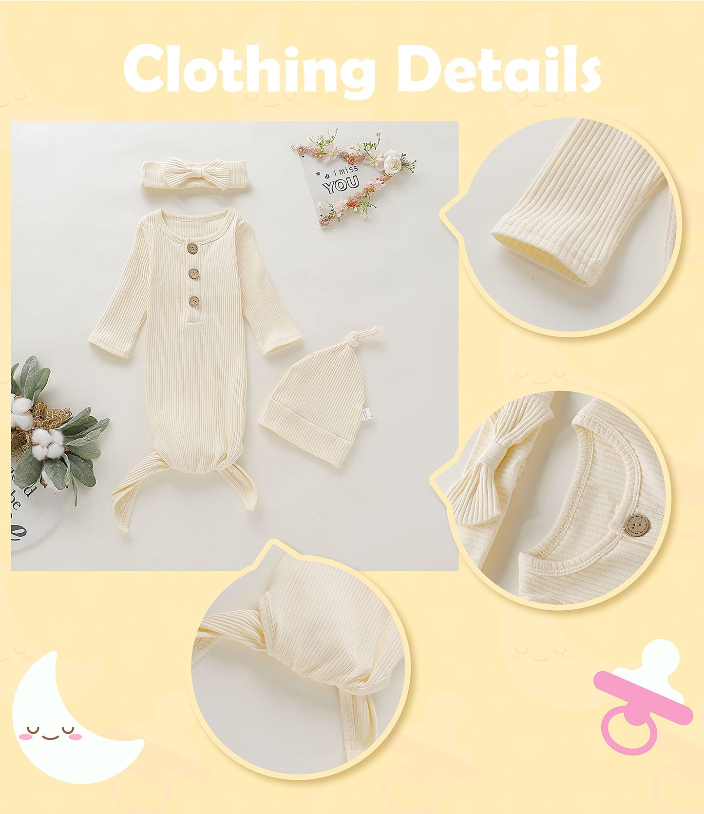 Morygooder Newborn Cotton Nightgowns Neutral Knotted Sleeper Baby Coming Home Outfit (White,0-6 Months)