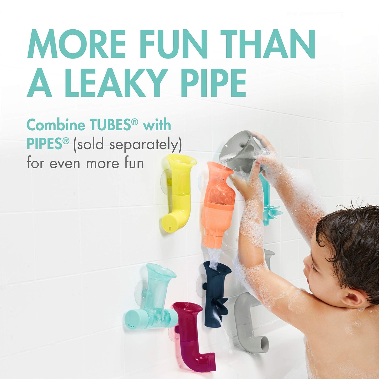 Boon Tubes Toddler Bath Toys - Bathtub Building Toys with Suction Cups - Toddler Sensory Toys and Bathtub Essentials - Gray - 3