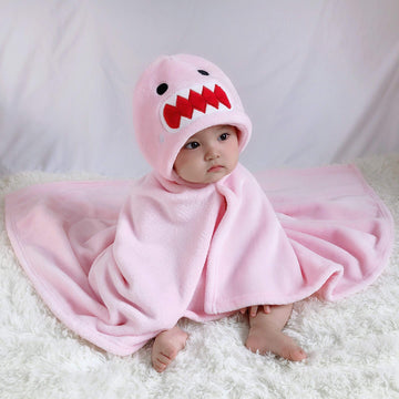 Tonwhar 0-4 Years Toddlers' And Kids' Boys Girls Animal Face Hooded Blanket Baby'S Bathrobe,Plush After Bath Blanket(Pink Shark)