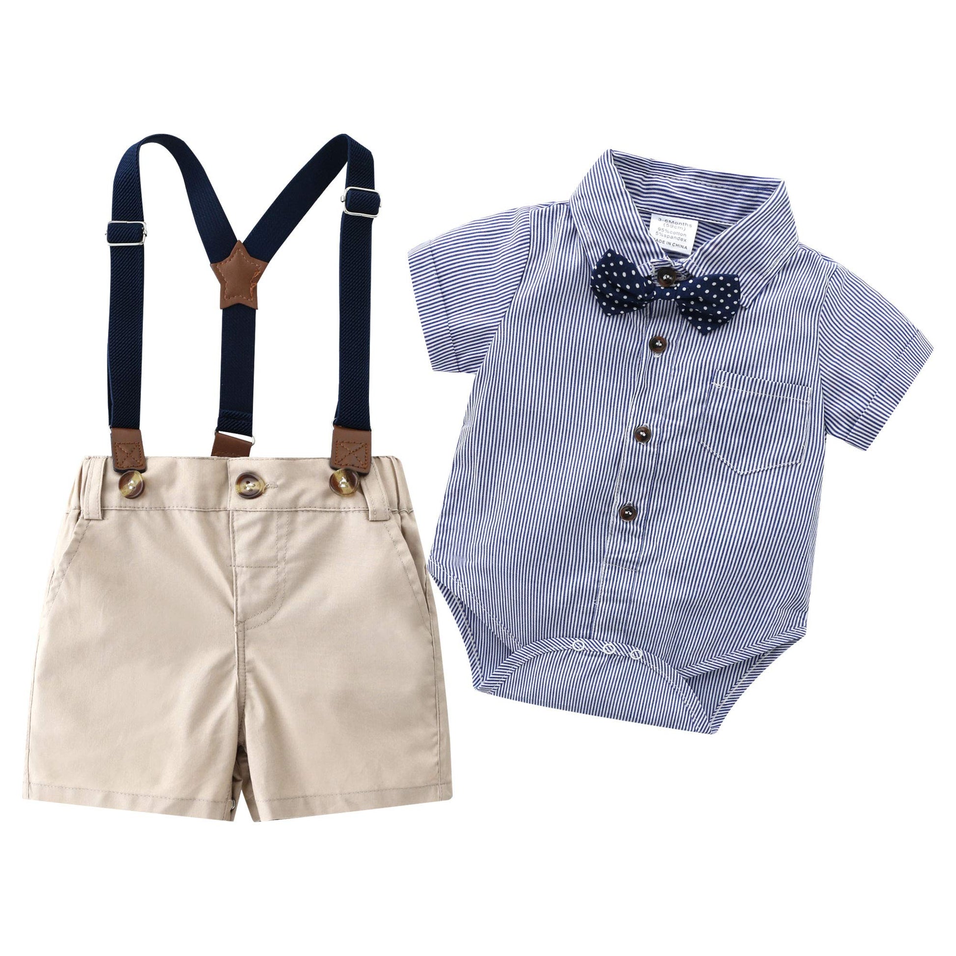 Baby Boys Gentleman Outfits Suits, Infant Short Sleeve Shirt+Bib Pants+Bow Tie Overalls Clothes Set,9-12M
