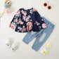 Caretoo Girls Clothes Outfits, Cute Baby Girl Floral Long Sleeve Pant Set Flower Ruffle Top Dark Blue