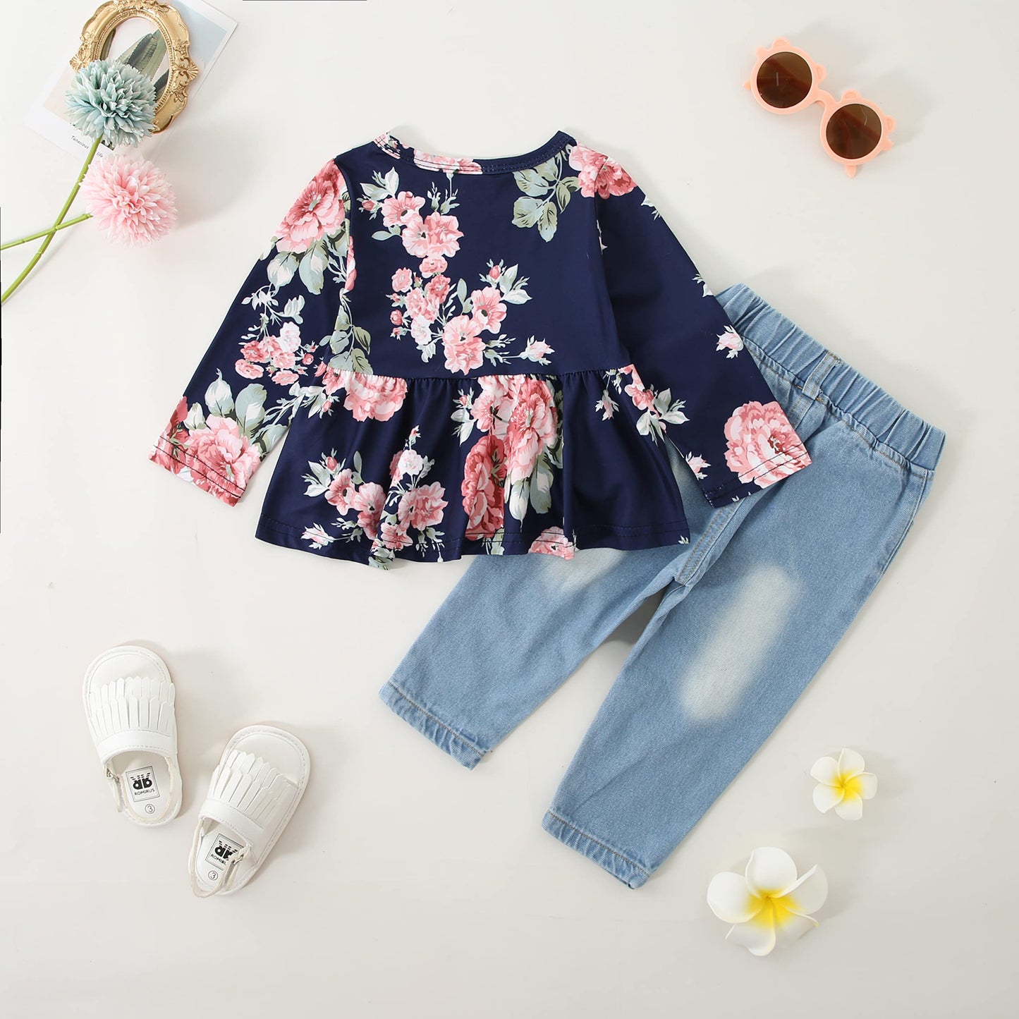 Caretoo Girls Clothes Outfits, Cute Baby Girl Floral Long Sleeve Pant Set Flower Ruffle Top Dark Blue