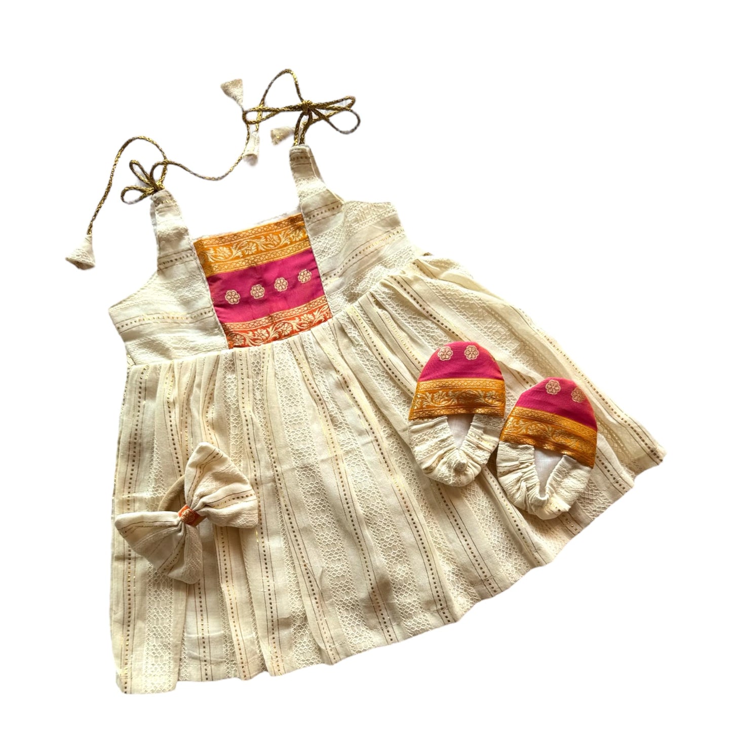 Picksparrow Baby Girl Cotton Lurex DressHeadbandBooties/Irupathettu Set (Multicolored) (Offwhite, 03 Months)