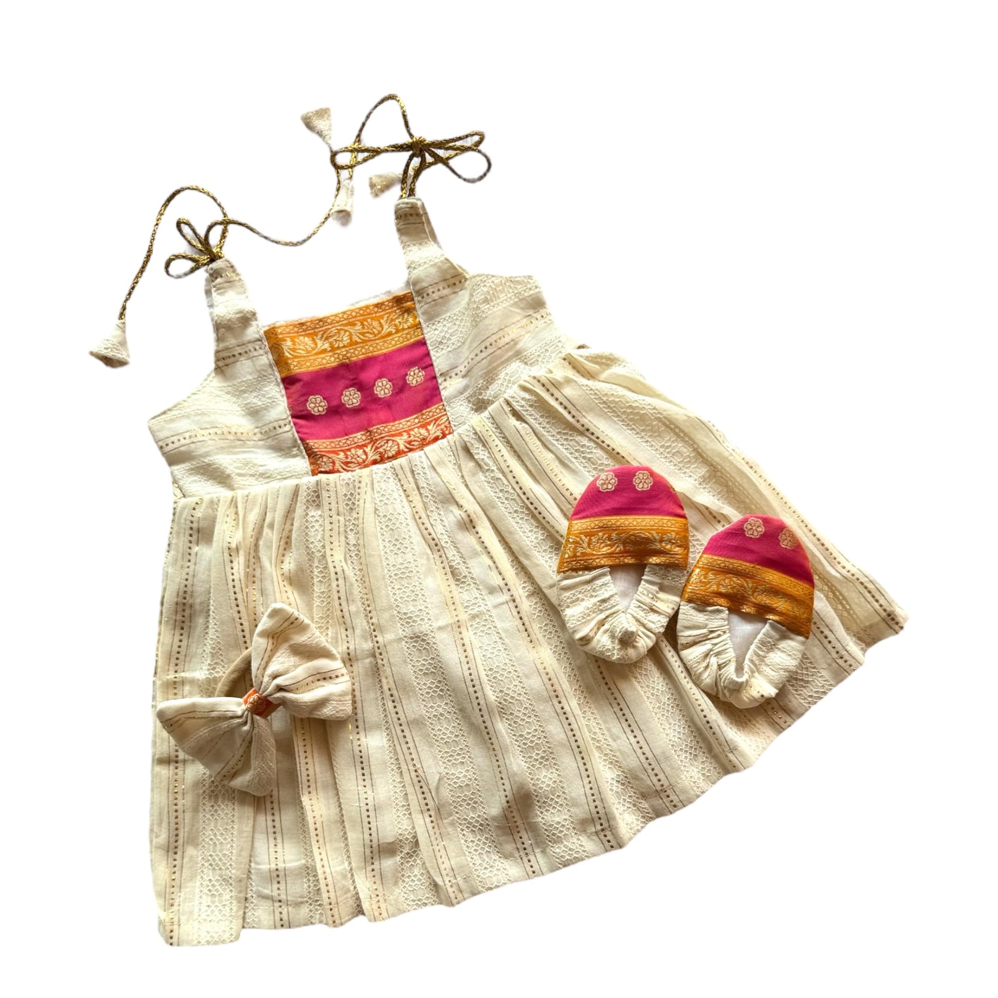 Picksparrow Baby Girl Cotton Lurex DressHeadbandBooties/Irupathettu Set (Multicolored) (Offwhite, 03 Months)