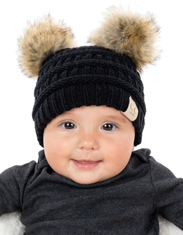 Funky Junque Exclusives Baby Girl Winter Hat Double Pom Pom Beanie, Black, Infants 0-12 Months