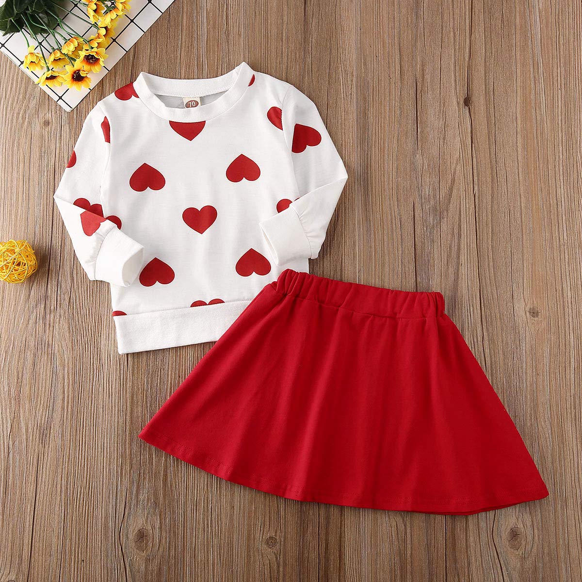 Toddler Girl Valentines Day Outfit Love Heart Sweatshirt Long Sleeve Shirts And Red Skirts Set Winter Spring Clothes (Red Heart