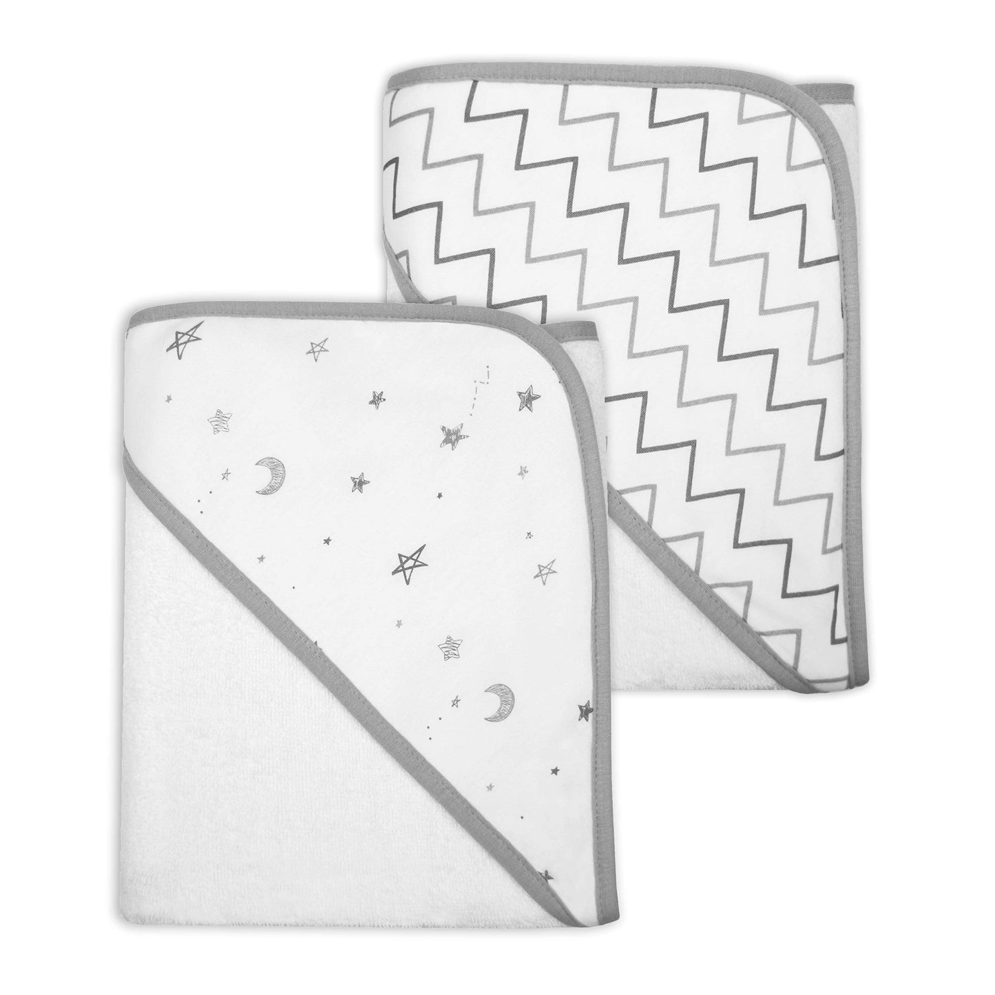 Tl Care Terry 2 Pack Hooded Towels Made With Organic Cotton, Grey Stars/Grey Zigzag, For Boys And Girls