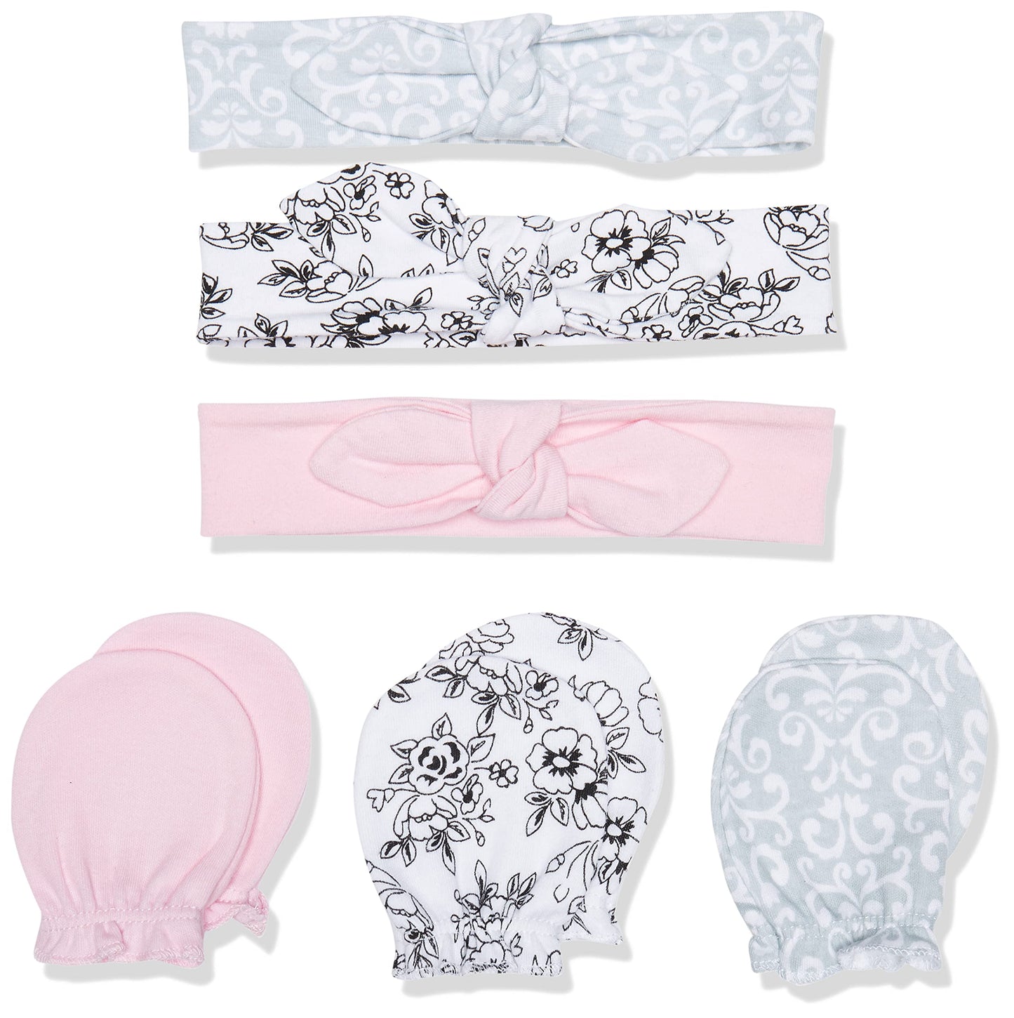 Hudson Baby Infant Girl Cotton Headband And Scratch Mitten Set Toile, 0-6 Months